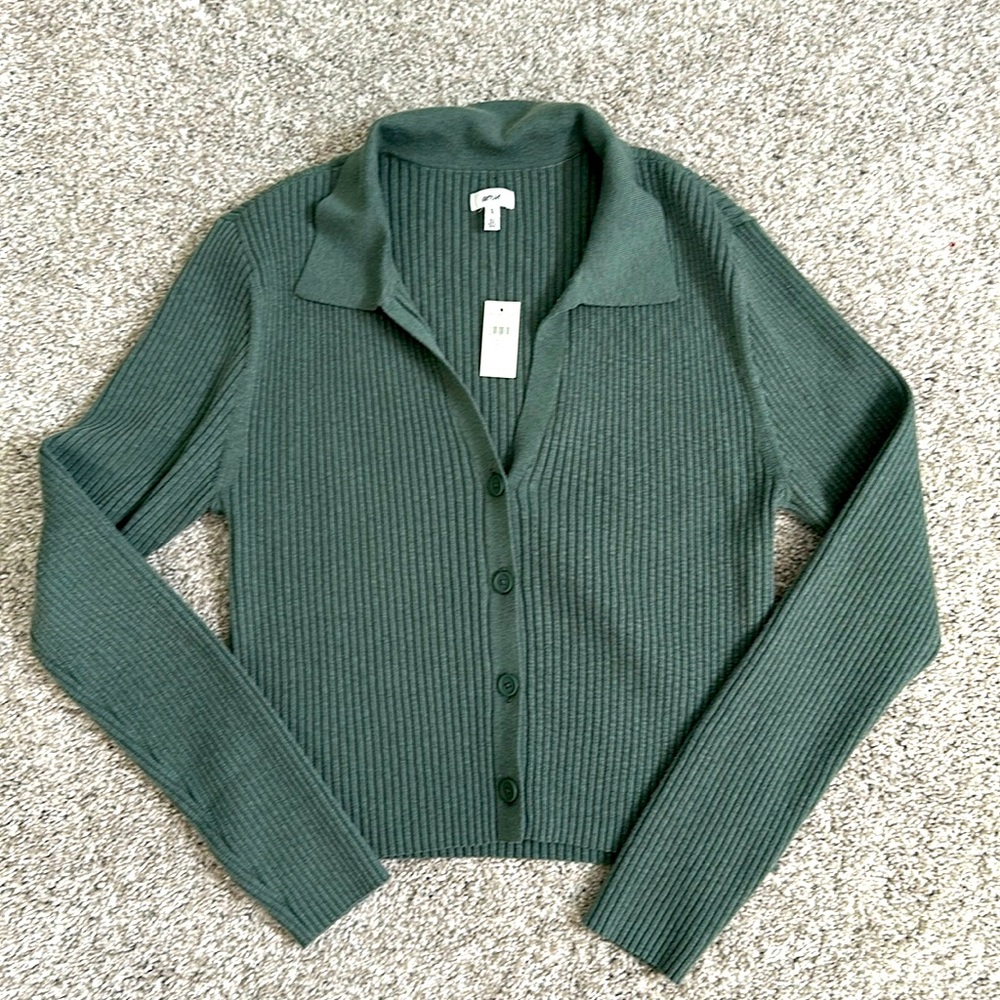 aerie Dark Green Ribbed Button-Up Cardigan